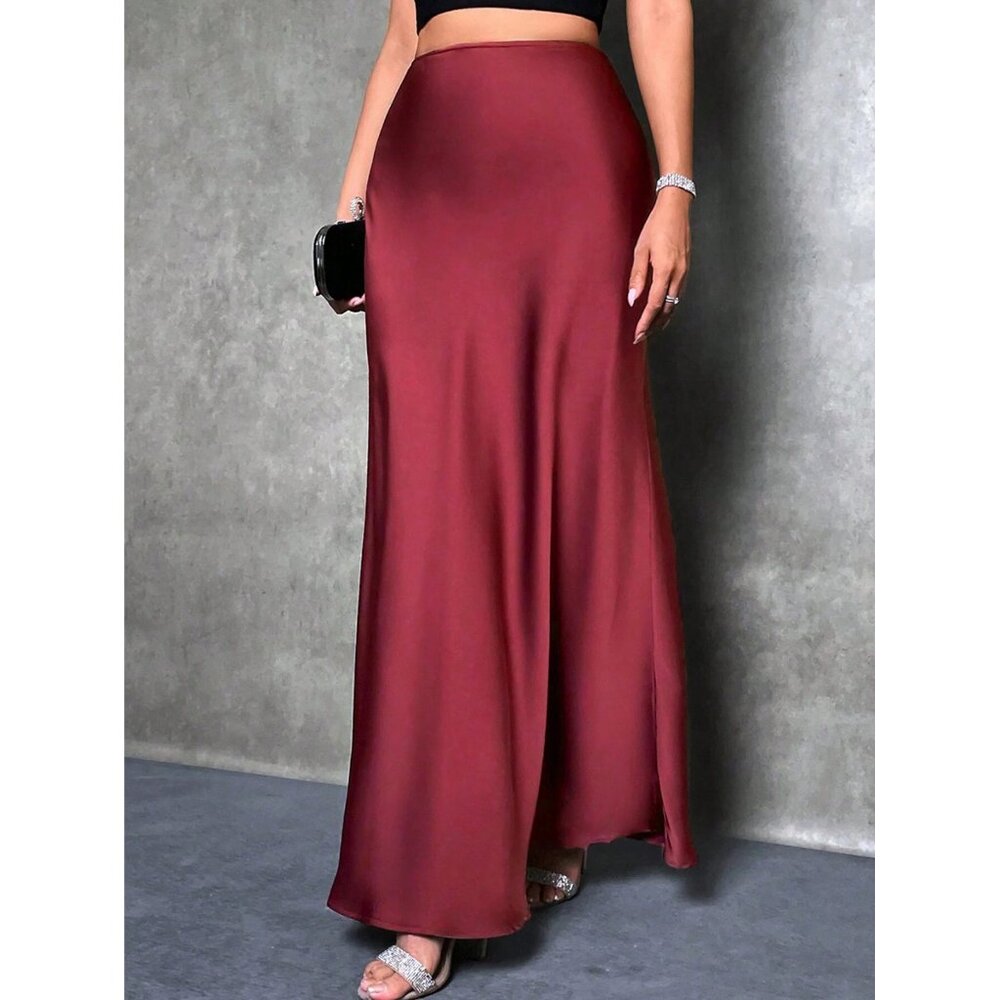 Satin maxi skirt long minimalist luxe classy olive green - Picture 4 of 8